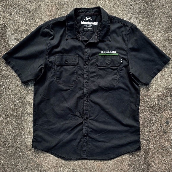 Oakley Kawasaki Motorcycle Racing Pit Crew Snap Button Shirt - Men's Size Large